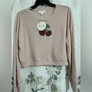 Wild Skye Pink Cropped Sweater with Cherry Patch, long sleeve sweater medium.